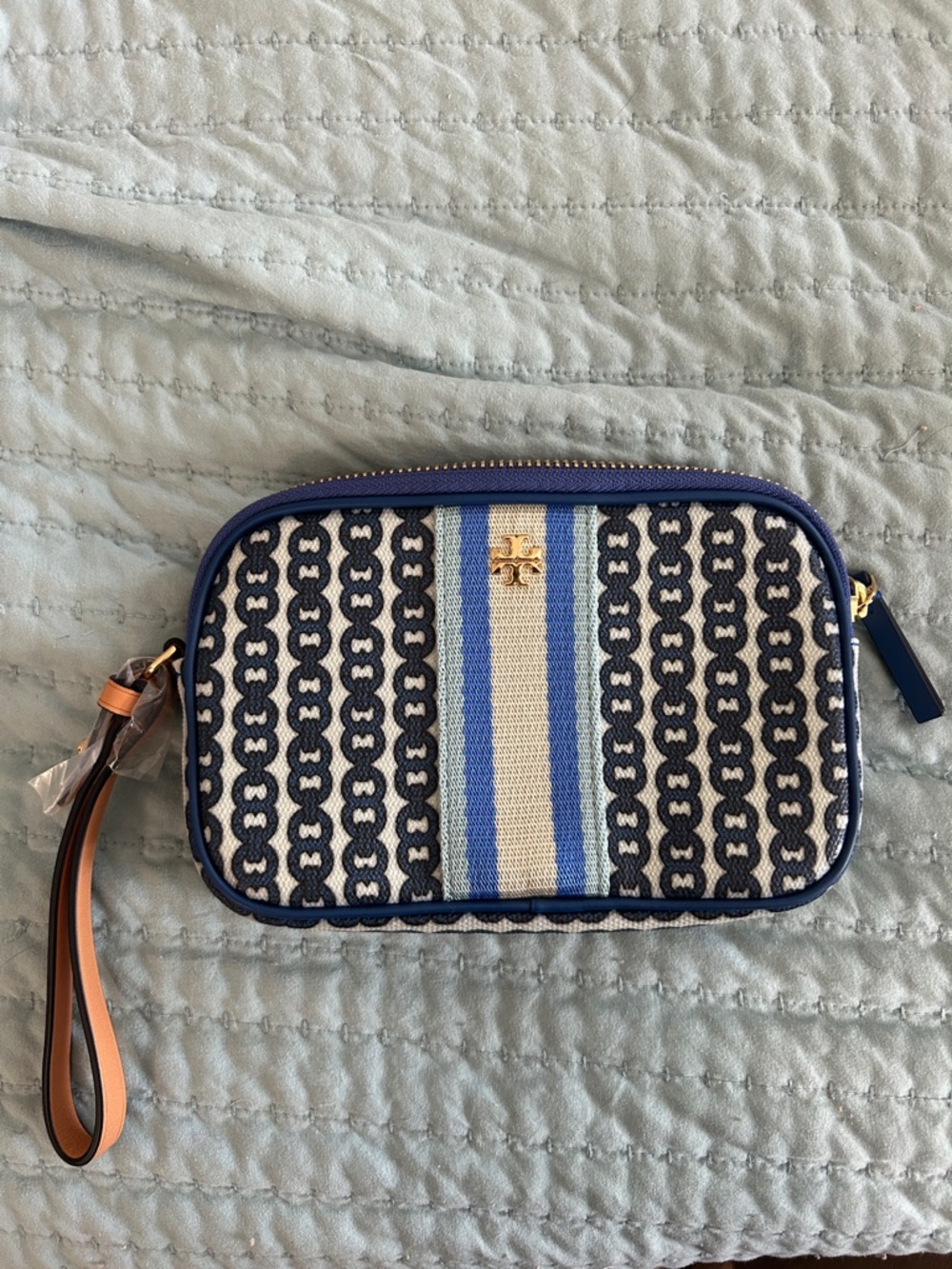 Tory Burch Navy and Blue Chain-Print Canvas Wristlet